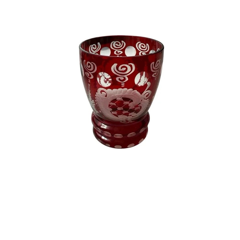 VINTAGE CZECH BOHEMIAN EGERMANN RED‎ CUT TO CLEAR SHOT GLASSES 3